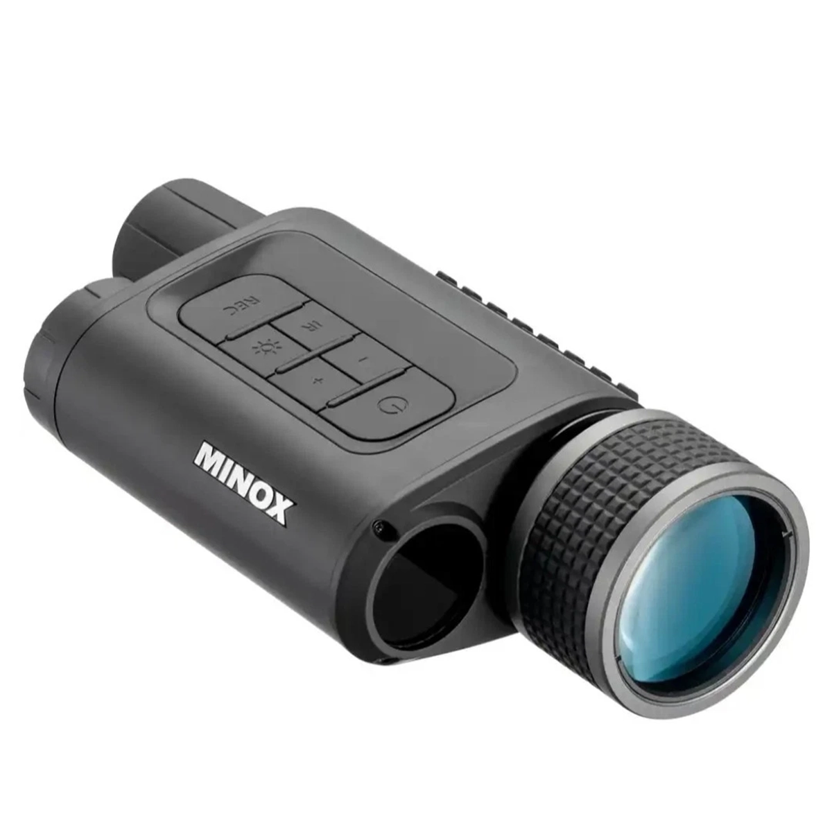 Ein Minox NVD 650 Nachtsichtmonokular von Minox mit Foto- und Videoaufzeichnung, 30-facher Vergrößerung, großem Objektiv, strukturiertem Griff und Bedientasten oben auf weißem Hintergrund.