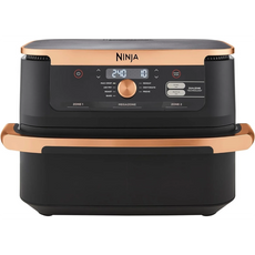Die Ninja Foodi FlexDrawer Dual Zone Heißluftfritteuse von Ninja hat ein schwarzes und kupferfarbenes Design, ein Fassungsvermögen von 4 Litern, ein digitales Display und 10 Bedientasten auf der Vorderseite für eine einfache Bedienung.