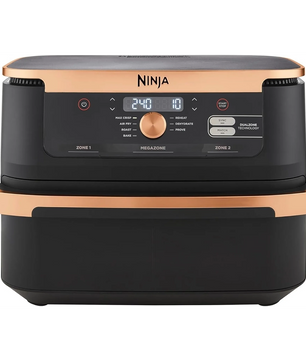 Die Ninja Foodi FlexDrawer Dual Zone Heißluftfritteuse von Ninja hat ein schwarzes und kupferfarbenes Design, ein Fassungsvermögen von 4 Litern, ein digitales Display und 10 Bedientasten auf der Vorderseite für eine einfache Bedienung.