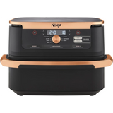 Die Ninja Foodi FlexDrawer Dual Zone Heißluftfritteuse von Ninja hat ein schwarzes und kupferfarbenes Design, ein Fassungsvermögen von 4 Litern, ein digitales Display und 10 Bedientasten auf der Vorderseite für eine einfache Bedienung.