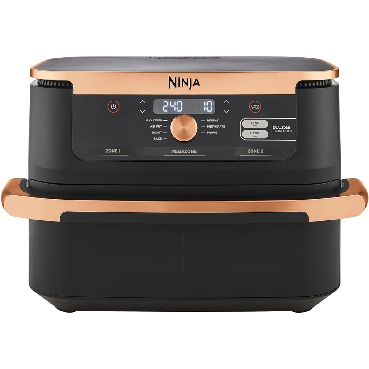 Die Ninja Foodi FlexDrawer Dual Zone Heißluftfritteuse von Ninja hat ein schwarzes und kupferfarbenes Design, ein Fassungsvermögen von 4 Litern, ein digitales Display und 10 Bedientasten auf der Vorderseite für eine einfache Bedienung.