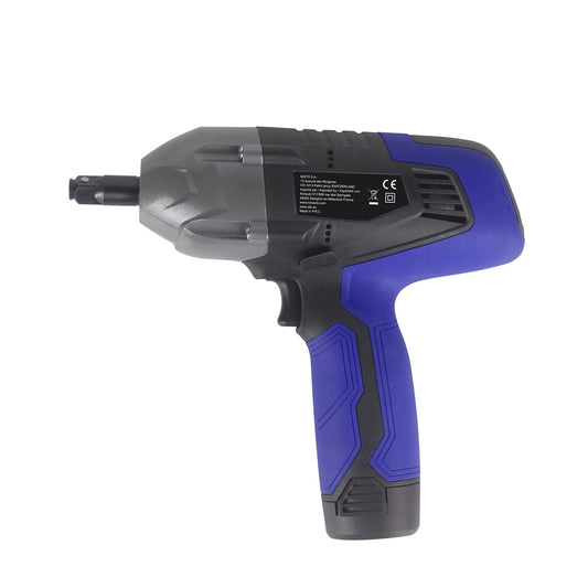 Der Norauto Akku-Schlagschrauber, 1500 mAh, von Norauto, hat einen blau-schwarzen Griff und eine Li-Ionen-Batterie, ideal für schnelle Radwechsel, isoliert auf weißem Hintergrund dargestellt.