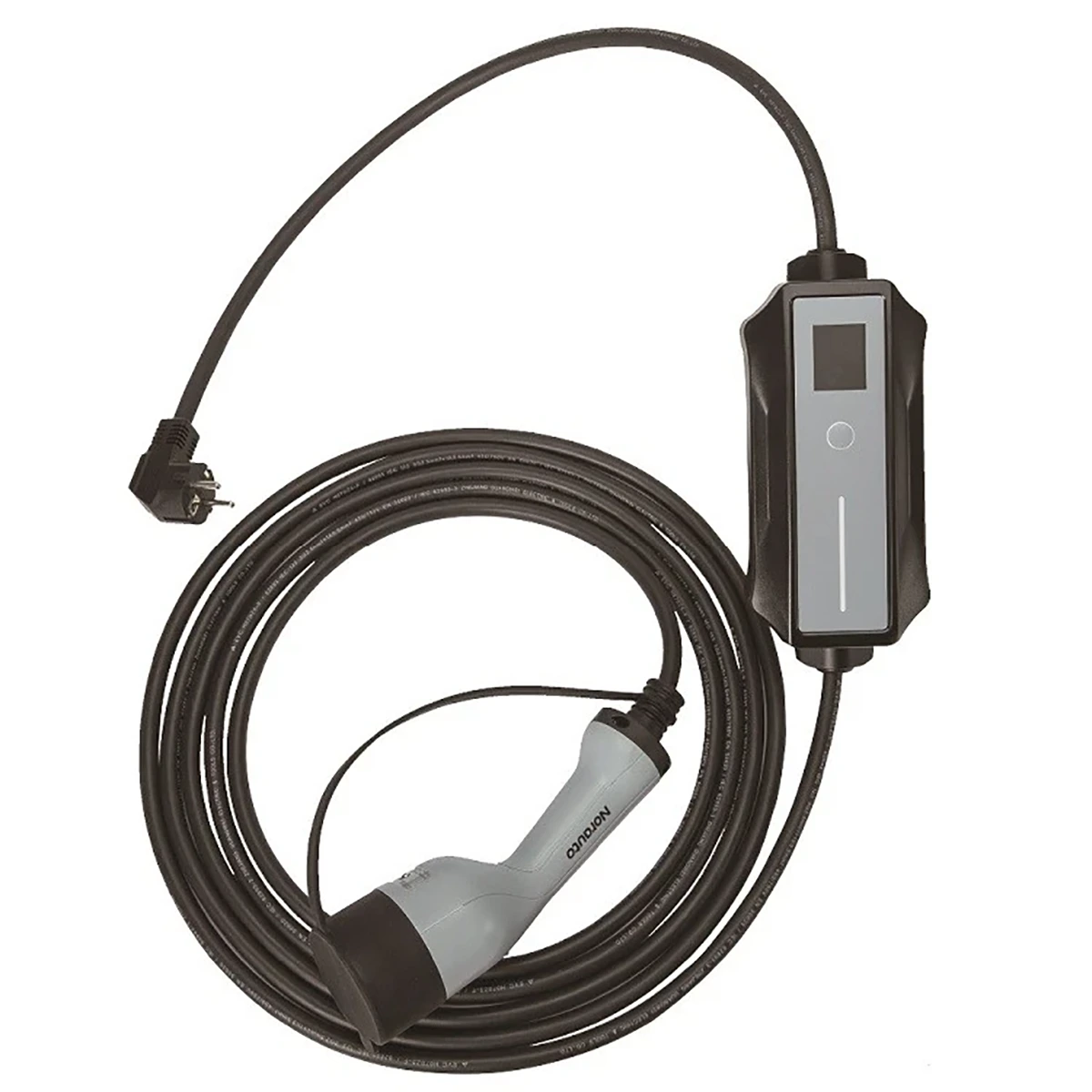 Das Norauto NO7795 Autoladegerät Typ 2 - silber ist ein gewendeltes schwarzes Ladekabel mit Stecker, Kontrollbox und grauem Anschluss - ideal als tragbares Ladegerät für Elektrofahrzeuge.