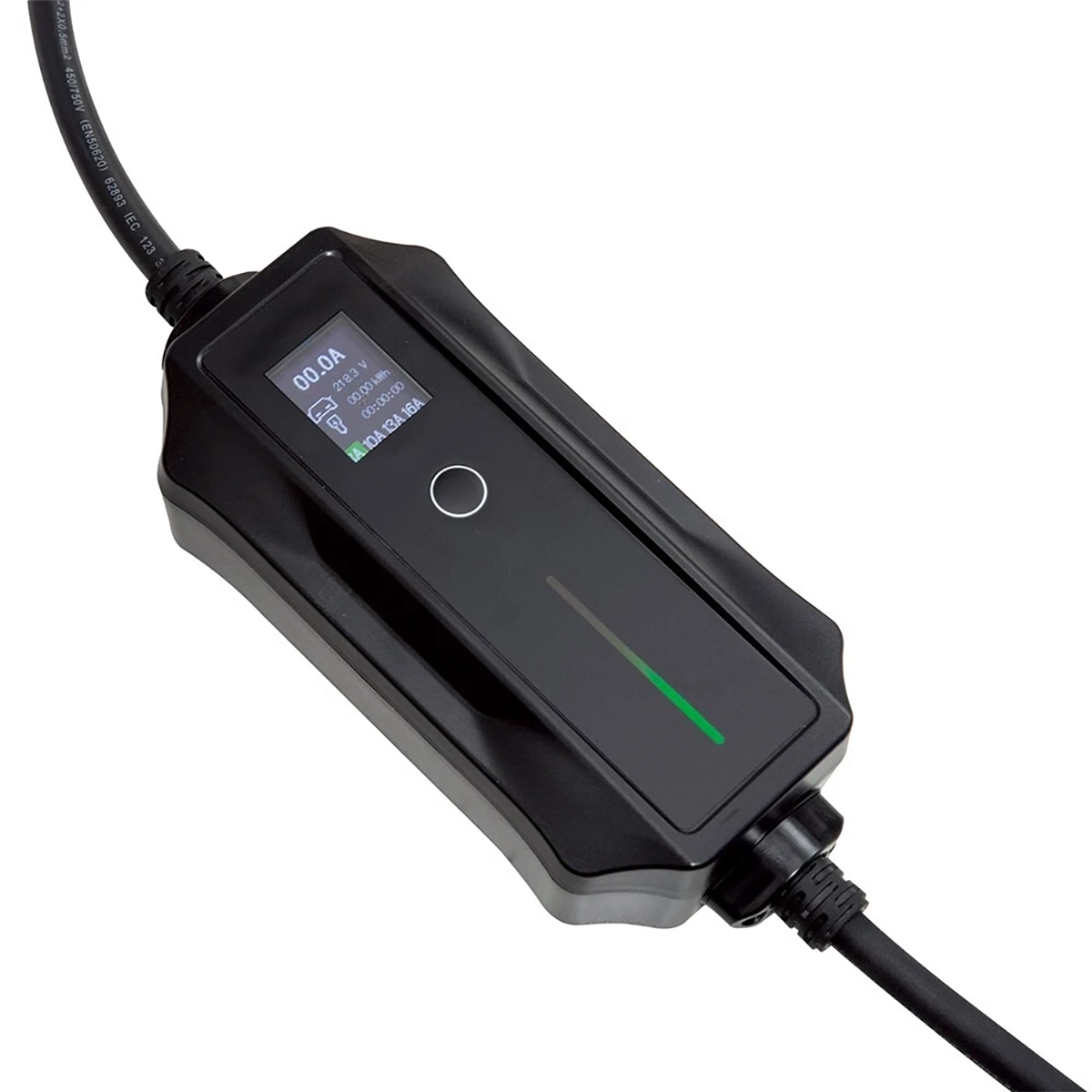 Das Norauto E-Ladekabel/Ladegerät Typ 2 (tragbar, 5 m) von Norauto bietet 3,7 kW Ladeleistung, ein digitales Display und eine Steuergerät-Taste.