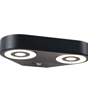 Die Paulmann Silma LED-Außenwandleuchte von Paulmann ist eine moderne schwarze rechteckige Deckenleuchte mit zwei runden Ring-LEDs, perfekt für die stilvolle Außenbeleuchtung auf flachen Oberflächen.