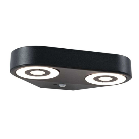 Die Paulmann Silma LED-Außenwandleuchte von Paulmann ist eine moderne schwarze rechteckige Deckenleuchte mit zwei runden Ring-LEDs, perfekt für die stilvolle Außenbeleuchtung auf flachen Oberflächen.
