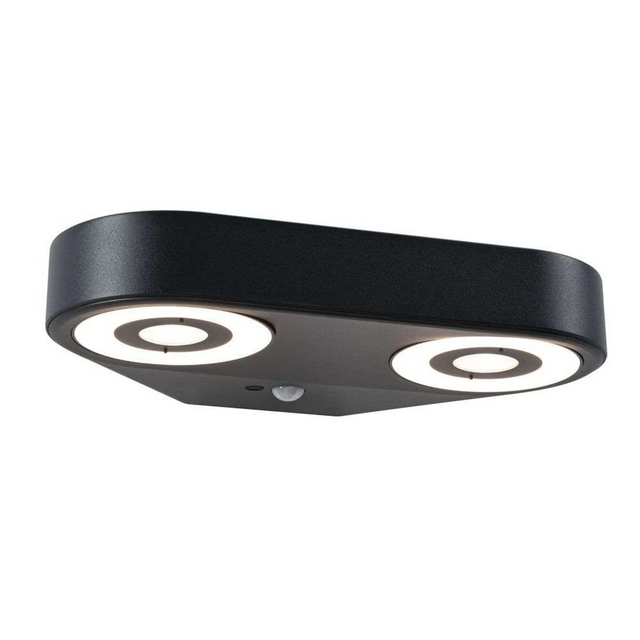 Die Paulmann Silma LED-Außenwandleuchte von Paulmann ist eine moderne schwarze rechteckige Deckenleuchte mit zwei runden Ring-LEDs, perfekt für die stilvolle Außenbeleuchtung auf flachen Oberflächen.