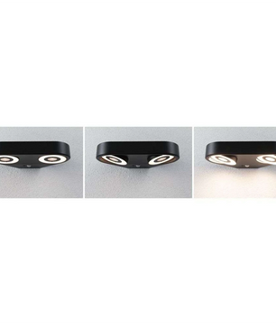 Die Paulmann Silma LED-Außenwandleuchte, eine schwarze, rechteckige Außenwandleuchte, lässt sich in drei Ansichten darstellen: ausgeschaltet, eingeschaltet mit beiden kreisförmigen LEDs und eingeschaltet mit einer nach unten gerichteten LED - für eine flexible und elegante Außenbeleuchtung.