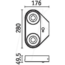 Technische Zeichnung der Paulmann Silma LED-Außenwandleuchte von Paulmann, zeigt Seiten- und Draufsicht mit zwei kreisförmigen Löchern. Maße: 176 mm (B), 280 mm (H), 49,5 mm (T). Geeignet für Dämmerungssensor-Systeme und Außenbeleuchtung.