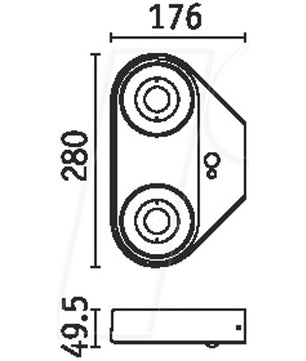 Technische Zeichnung der Paulmann Silma LED-Außenwandleuchte von Paulmann, zeigt Seiten- und Draufsicht mit zwei kreisförmigen Löchern. Maße: 176 mm (B), 280 mm (H), 49,5 mm (T). Geeignet für Dämmerungssensor-Systeme und Außenbeleuchtung.
