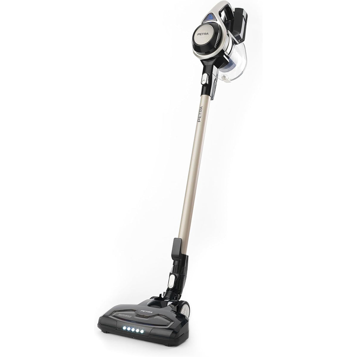 Der Petra 2in1 Staubsauger - schwarz ist ein kabelloser Staubsauger mit schlankem Design, einem langen beigen Griff, einem schwarzen LED-beleuchteten Reinigungskopf und einem transparenten, beutellosen Staubbehälter neben dem Griff.