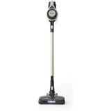 Der Petra 2in1 Staubsauger - schwarz ist ein moderner, schlanker Standstaubsauger mit beutellosem Design, HEPA-Filter für saubere Luft, LED-Bodenbeleuchtung und dem Schriftzug Petra auf der Front.