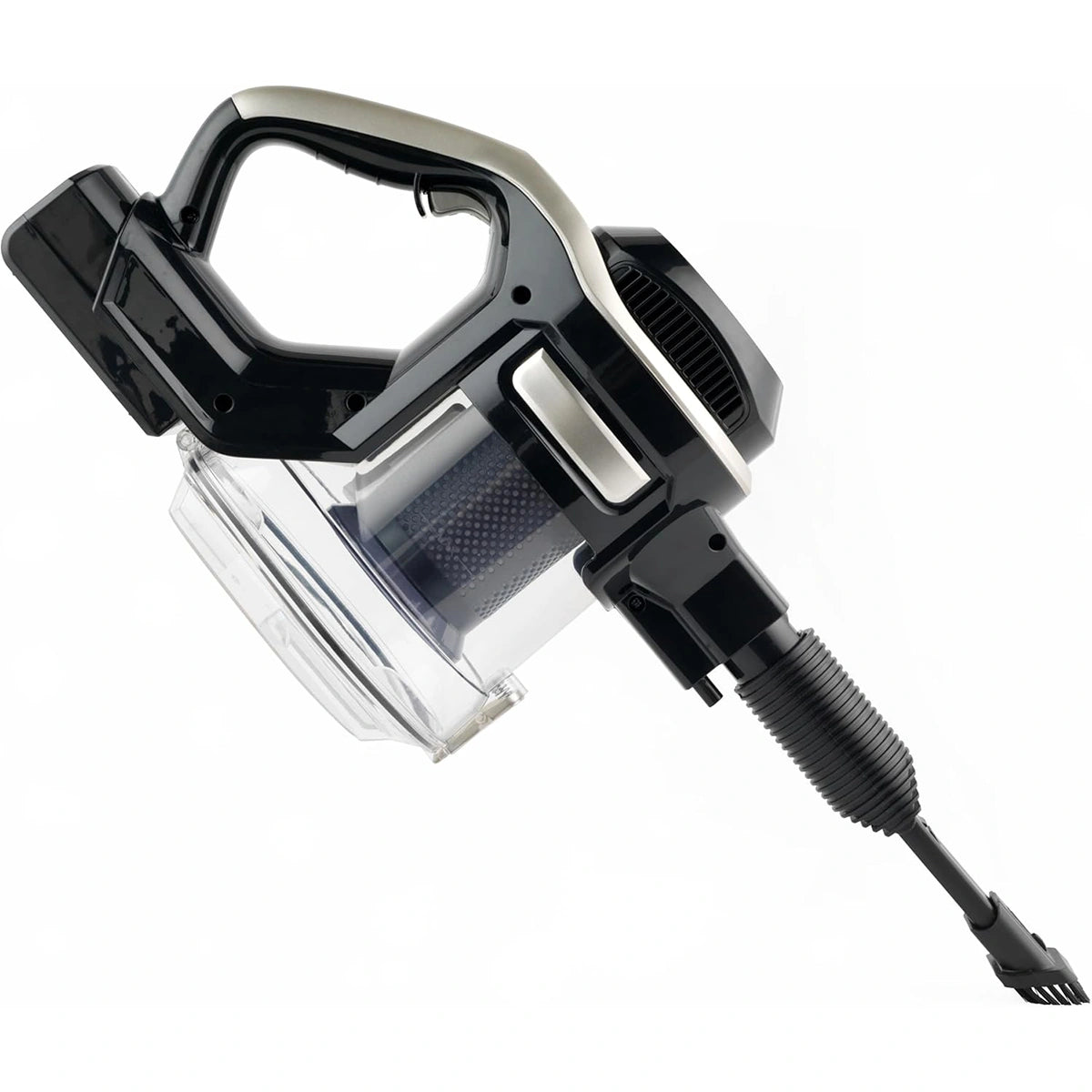 Der Petra 2in1 Staubsauger - schwarz von Petra ist ein handgeführter, beutelloser Staubsauger mit einem transparenten Staubbehälter, schwarzen und silbernen Akzenten und einer langen Düse, die das moderne, ergonomische 2in1-Design zur Geltung bringt.