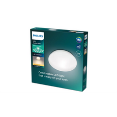 Schachtel mit Philips Moire Deckenleuchte, 17 W, runde weiße LED-Deckenleuchte mit Interlaced-Optics-Technologie von Philips; Produktdetails sind auf der Verpackung angegeben.