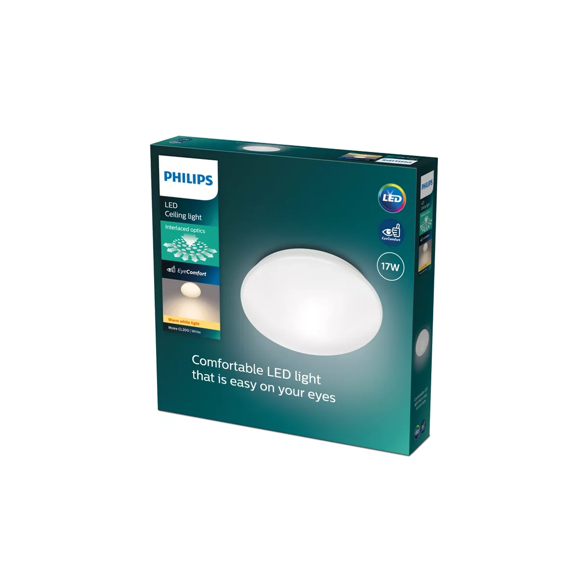 Schachtel mit Philips Moire Deckenleuchte, 17 W, runde weiße LED-Deckenleuchte mit Interlaced-Optics-Technologie von Philips; Produktdetails sind auf der Verpackung angegeben.