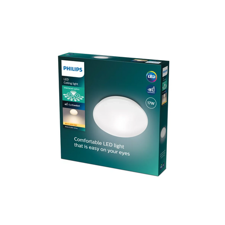 Schachtel mit Philips Moire Deckenleuchte, 17 W, runde weiße LED-Deckenleuchte mit Interlaced-Optics-Technologie von Philips; Produktdetails sind auf der Verpackung angegeben.