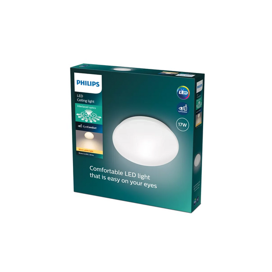 Schachtel mit Philips Moire Deckenleuchte, 17 W, runde weiße LED-Deckenleuchte mit Interlaced-Optics-Technologie von Philips; Produktdetails sind auf der Verpackung angegeben.