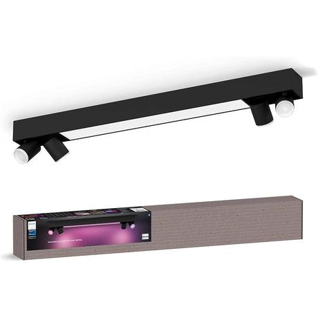 Die Philips Hue Centris 4-flammig - Schwarz ist eine moderne, schwarze, rechteckige Deckenleuchte mit vier verstellbaren Strahlern, die oberhalb des Gehäuses abgebildet ist und eine violette Stimmungsbeleuchtung bietet - perfekt für Ihr Smart Home.