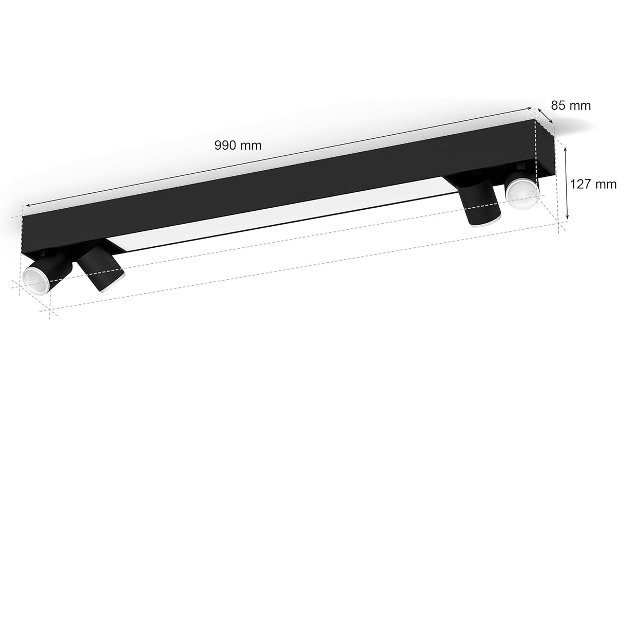 Die Philips Hue Centris 4-flammig - Schwarz ist eine rechteckige schwarze Deckenleuchte mit vier verstellbaren Strahlern, die eine individuell anpassbare Raumbeleuchtung bietet. Abmessungen: 990 mm (L) x 127 mm (B) x 85 mm (H). Weißer Hintergrund mit gestrichelter Messkontur.