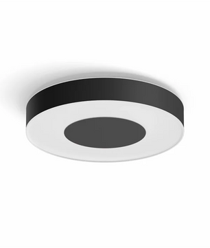 Die Philips Hue Infuse Deckenleuchte L - Schwarz von Philips verfügt über ein modernes rundes Design mit schwarzem Rahmen und intelligenter Beleuchtung, ideal für die intelligente Lichtsteuerung in jedem Raum.