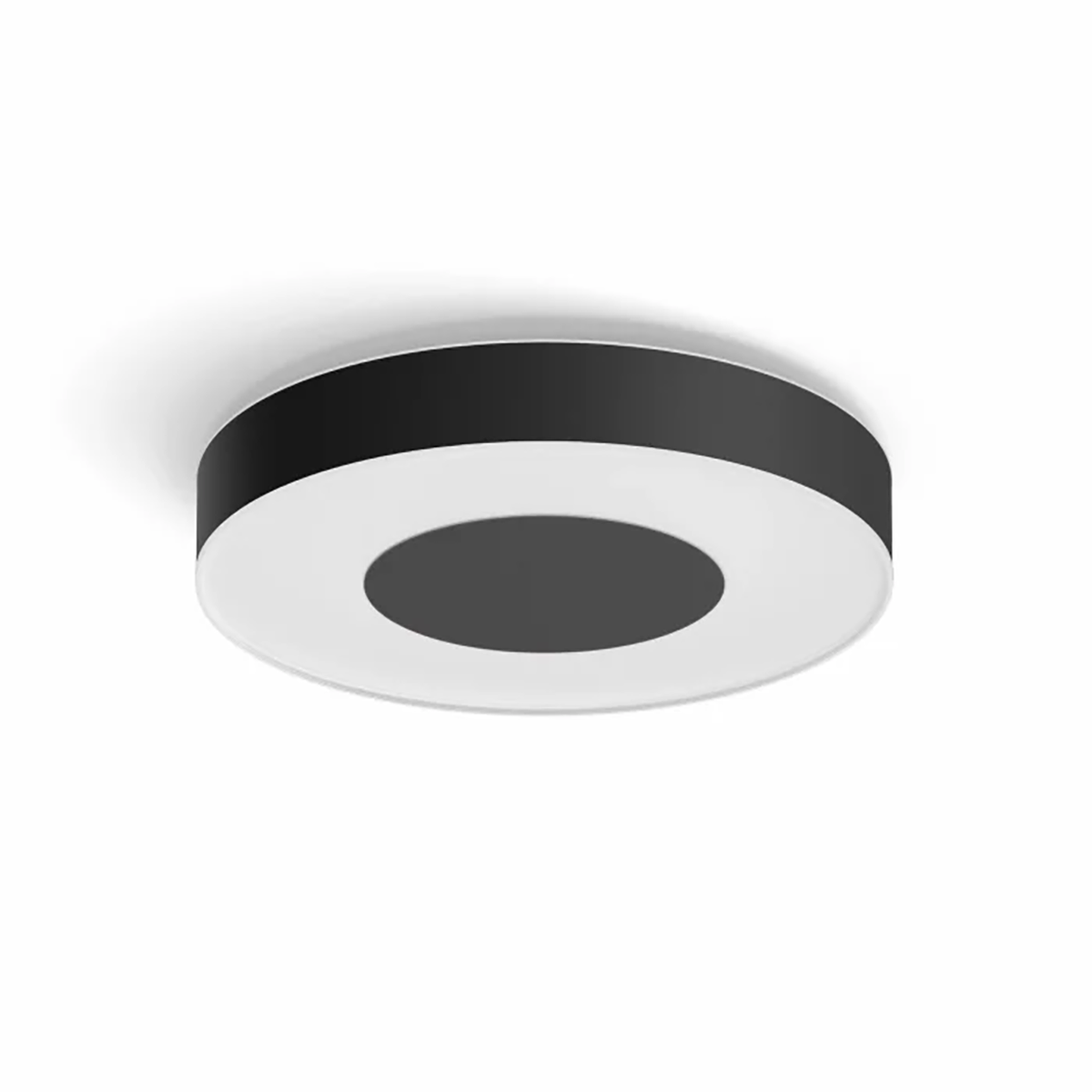 Die Philips Hue Infuse Deckenleuchte L - Schwarz von Philips verfügt über ein modernes rundes Design mit schwarzem Rahmen und intelligenter Beleuchtung, ideal für die intelligente Lichtsteuerung in jedem Raum.