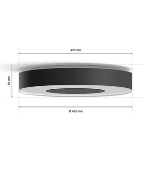 Die Philips Hue Infuse Deckenleuchte L - Schwarz von Philips hat einen Durchmesser von 425 mm und eine Höhe von 84 mm (siehe Abbildung) - perfekt für alle, die eine smarte Deckenleuchte und intelligente Lichtsteuerung wünschen.