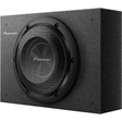 Der Pioneer A-Series TS-A2000LB 8" Subwoofer hat ein schwarzes, rechteckiges Gehäuse mit einem runden Schutzgitter.