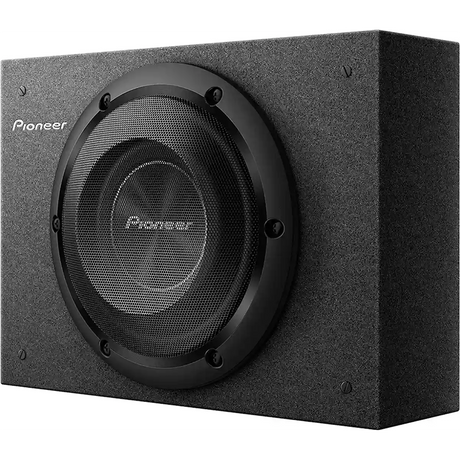 Der Pioneer A-Series TS-A2000LB 8" Subwoofer hat ein schwarzes, rechteckiges Gehäuse mit einem runden Schutzgitter.