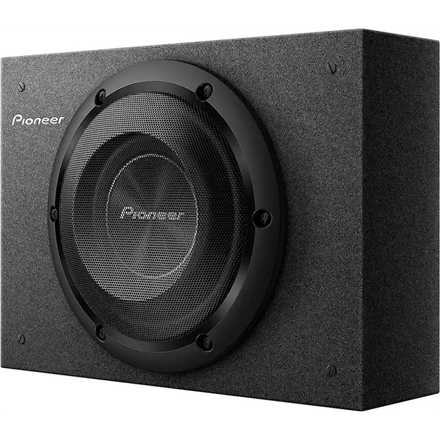 Der Pioneer A-Series TS-A2000LB 8" Subwoofer hat ein schwarzes, rechteckiges Gehäuse mit einem runden Schutzgitter.
