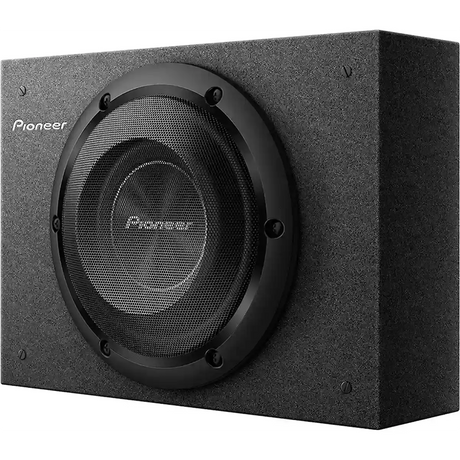 Ein 8-Zoll-Subwoofer der A-Serie TS-A2000LB von Pioneer in einem schwarzen, rechteckigen Gehäuse mit Teppichboden wird aus einem Winkel gezeigt.