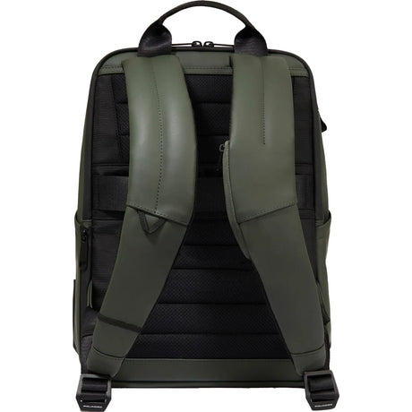 Der Piquadro C20W Business-Rucksack aus Leder von Piquadro verfügt über einen RFID-Schutz, ein praktisches Laptopfach, ein gepolstertes schwarzes Rückenteil und dicke verstellbare Schultergurte. Hier abgebildet von hinten.