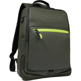 Der Piquadro C20W Business-Rucksack aus Leder in Olivgrün mit RFID-Schutz, neon-grüner Fronttasche, schwarzen Akzenten und Laptopfach - ideal fürs Büro. Marke: Piquadro. Abgebildet auf weißem Hintergrund.