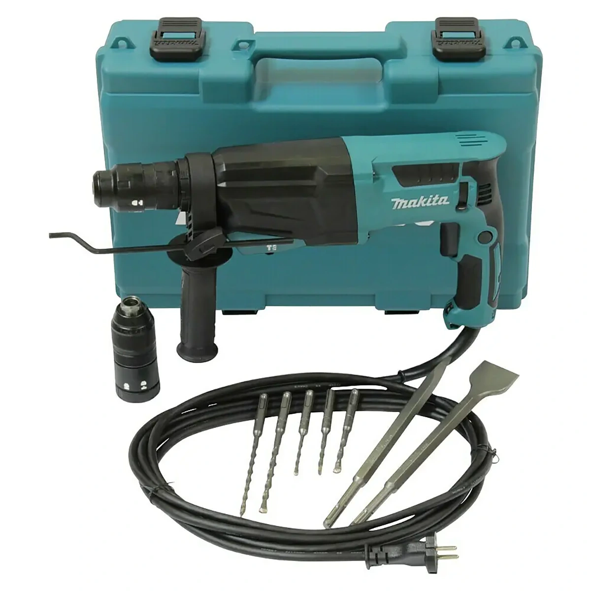 Das Makita Kombihammer HR2670FTX1 Bohrhammer-Set enthält einen 800-W-Motor, eine SDS-PLUS-Aufnahme, einen Koffer, einen zusätzlichen Griff, Bohrer, Meißel, Bohrfutter und ein Netzkabel. Marke: Makita.