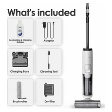Der TINECO Nass-Trocken-Sauger iFLOOR 5 wird mit Desodorierungslösung, Adapter, Ladestation, Reinigungswerkzeug, Bürstenwalze und Trockenfilter geliefert - ideal für Tierhaare und tägliche Verschmutzungen.