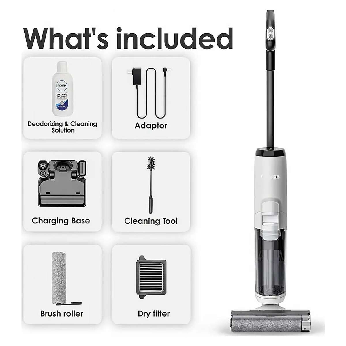 Der TINECO Nass-Trocken-Sauger iFLOOR 5 wird mit Desodorierungslösung, Adapter, Ladestation, Reinigungswerkzeug, Bürstenwalze und Trockenfilter geliefert - ideal für Tierhaare und tägliche Verschmutzungen.
