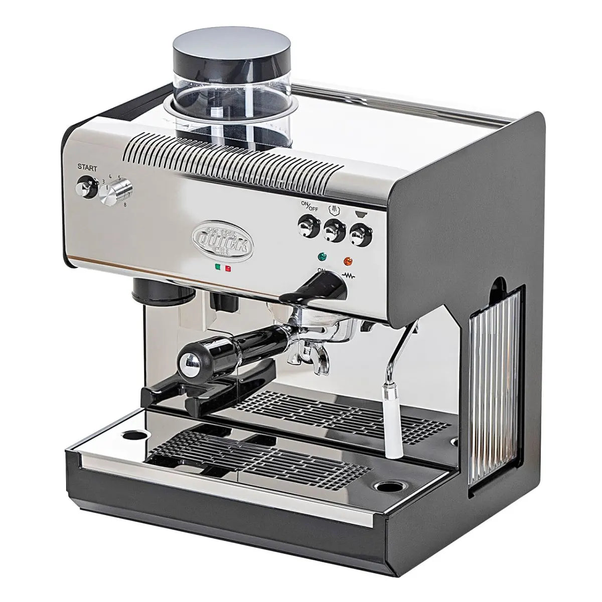 Die Quickmill 2835 Superiore Profi ist eine Edelstahl Einkreis-Espressomaschine von Quickmill mit Thermoblock-Technologie, integrierter Kaffeemühle und Dampfstab, abgebildet auf einem weißen Hintergrund.