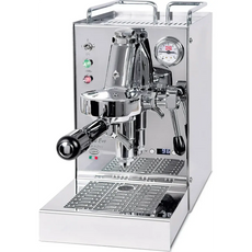 Die Quickmill Carola 0960 PID - Chrom ist eine glänzende Edelstahl-Espressomaschine von Quickmill mit einem Manometer, Bedientasten und einer präzisen PID-Temperaturregelung auf der Vorderseite.
