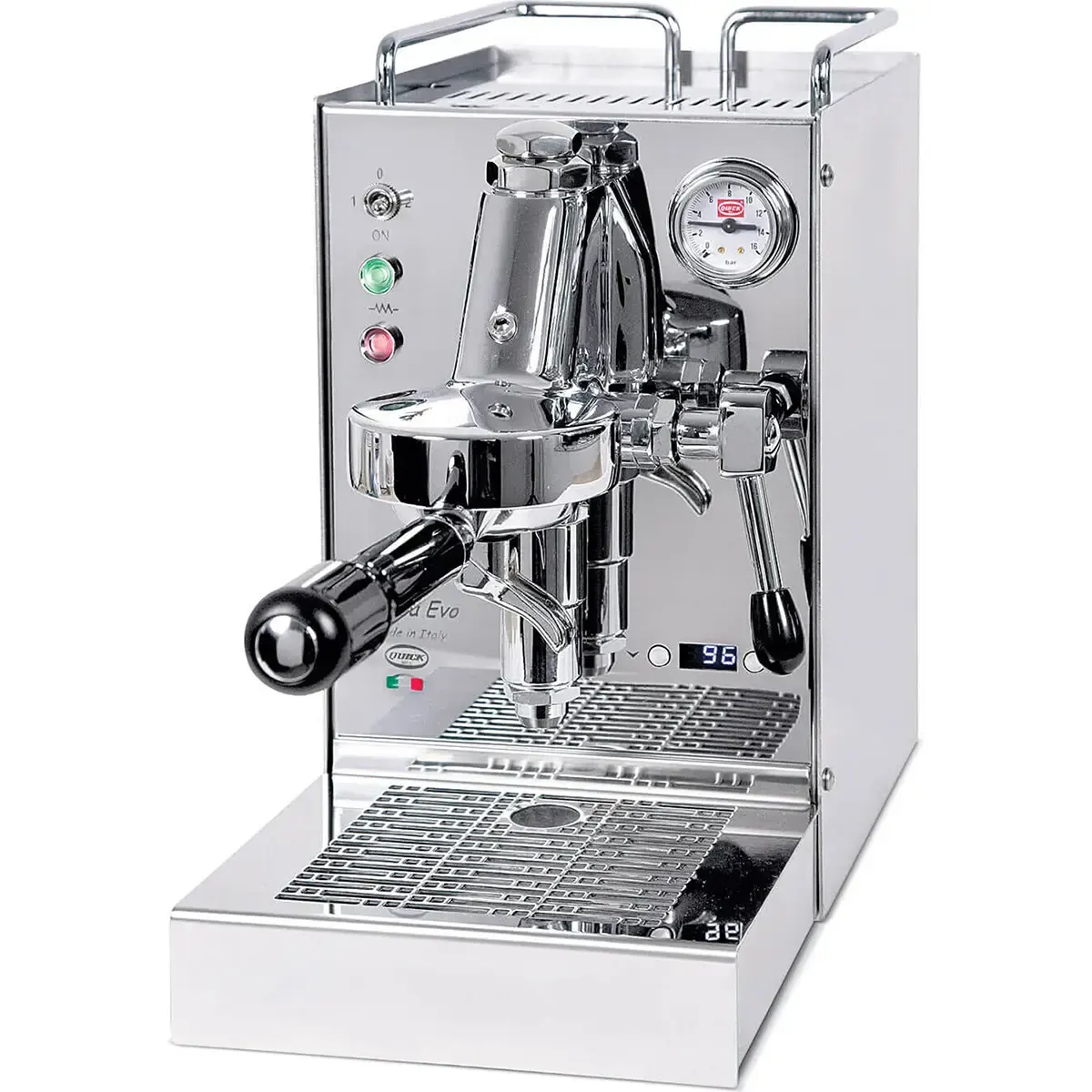 Die Quickmill Carola 0960 PID - Chrom ist eine glänzende Edelstahl-Espressomaschine von Quickmill mit einem Manometer, Bedientasten und einer präzisen PID-Temperaturregelung auf der Vorderseite.