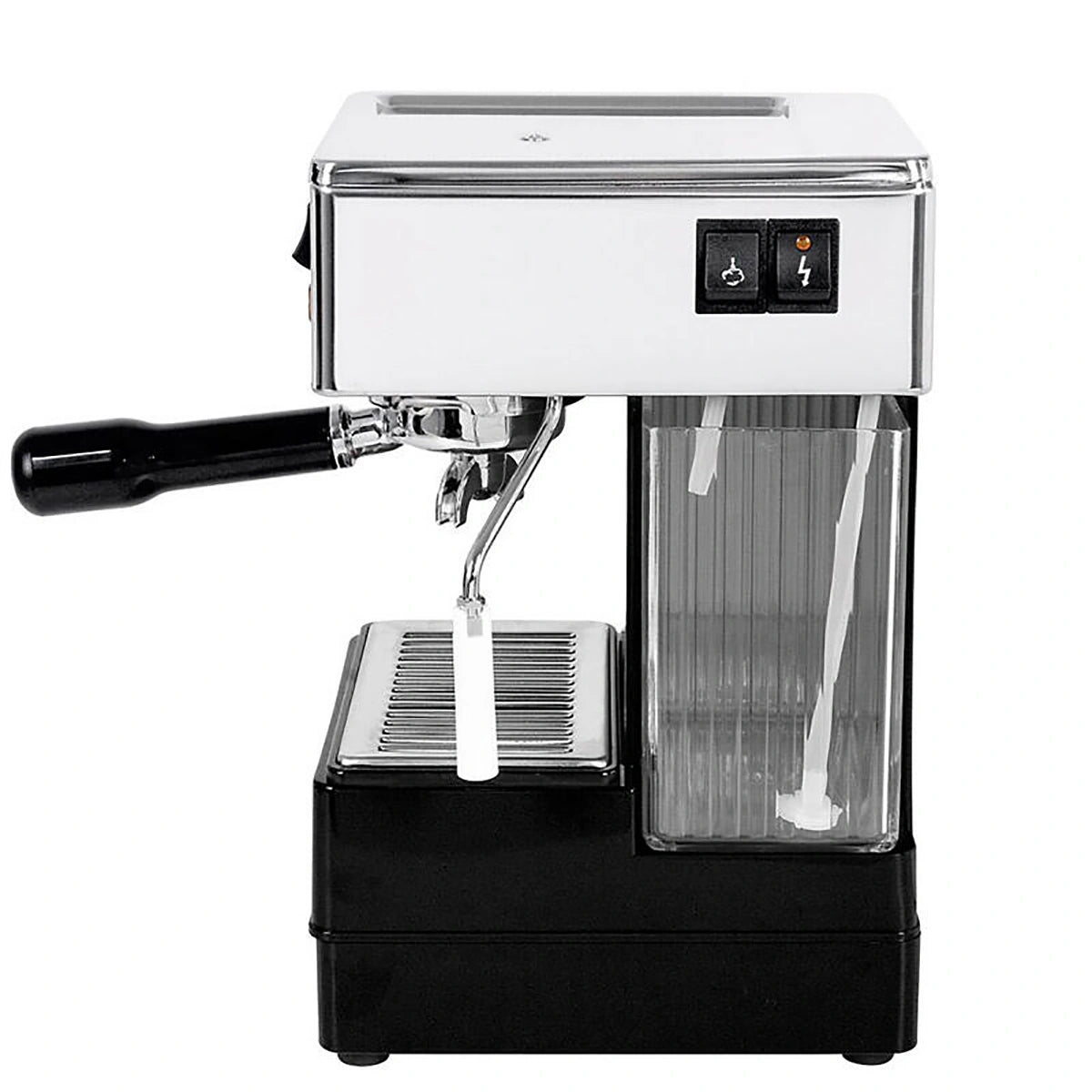 Die Quickmill Quick Mill Stretta Modell 0820 ist eine kompakte silber-schwarze Espressomaschine mit Siebträger, Dampfrohr und sichtbarem Wasserbehälter, die seitlich vor einem weißen Hintergrund abgebildet ist. Inspiriert durch das Originaldesign der Quick Mill Stretta.