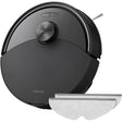 Der Roborock Q10 S5-Set - Saugroboter mit Wischfunktion in Schwarz von Roborock ist ideal zur Teppichreinigung und zur Entfernung von Tierhaaren, dank abnehmbarer Mopvorrichtung an der Vorderseite.