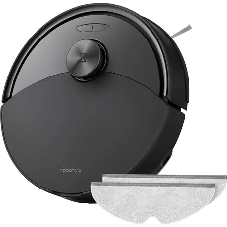 Der Roborock Q10 S5-Set - Saugroboter mit Wischfunktion in Schwarz von Roborock ist ideal zur Teppichreinigung und zur Entfernung von Tierhaaren, dank abnehmbarer Mopvorrichtung an der Vorderseite.