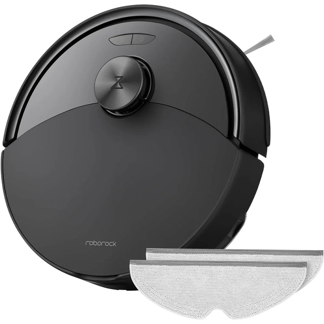 Der Roborock Q10 S5-Set - Saugroboter mit Wischfunktion in Schwarz von Roborock ist ideal zur Teppichreinigung und zur Entfernung von Tierhaaren, dank abnehmbarer Mopvorrichtung an der Vorderseite.