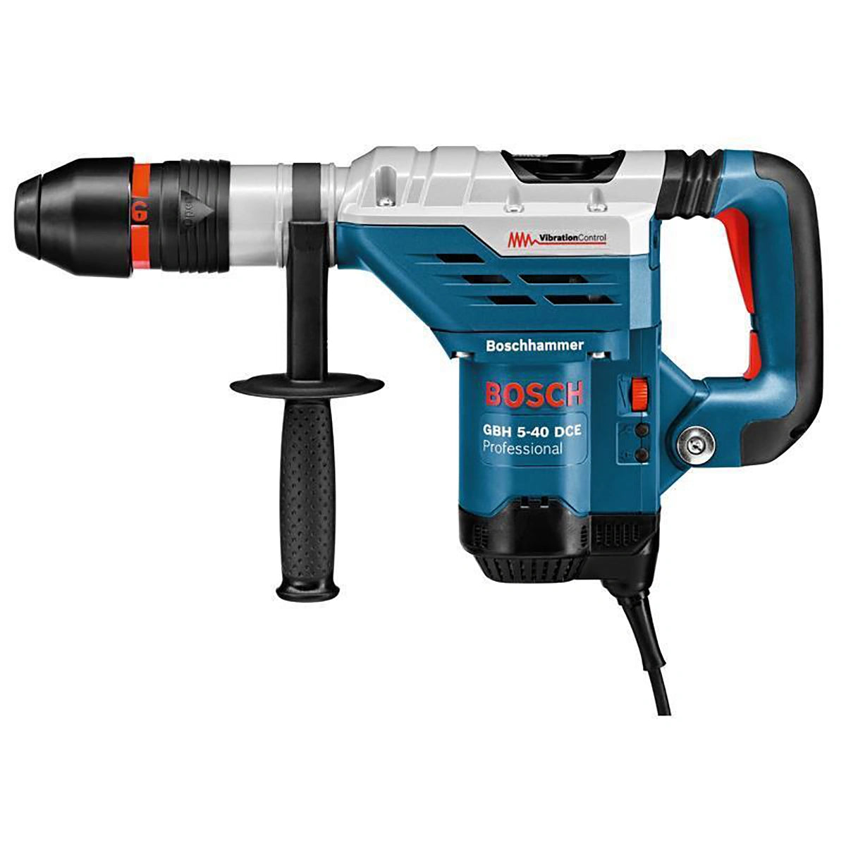 Der Bosch GBH 5-40 DCE Professional Bohrhammer mit SDS-max ist ein leistungsstarker blau-schwarzer Bohrhammer mit seitlichem Griff und Kabel, der für anspruchsvolle Aufgaben konzipiert ist.