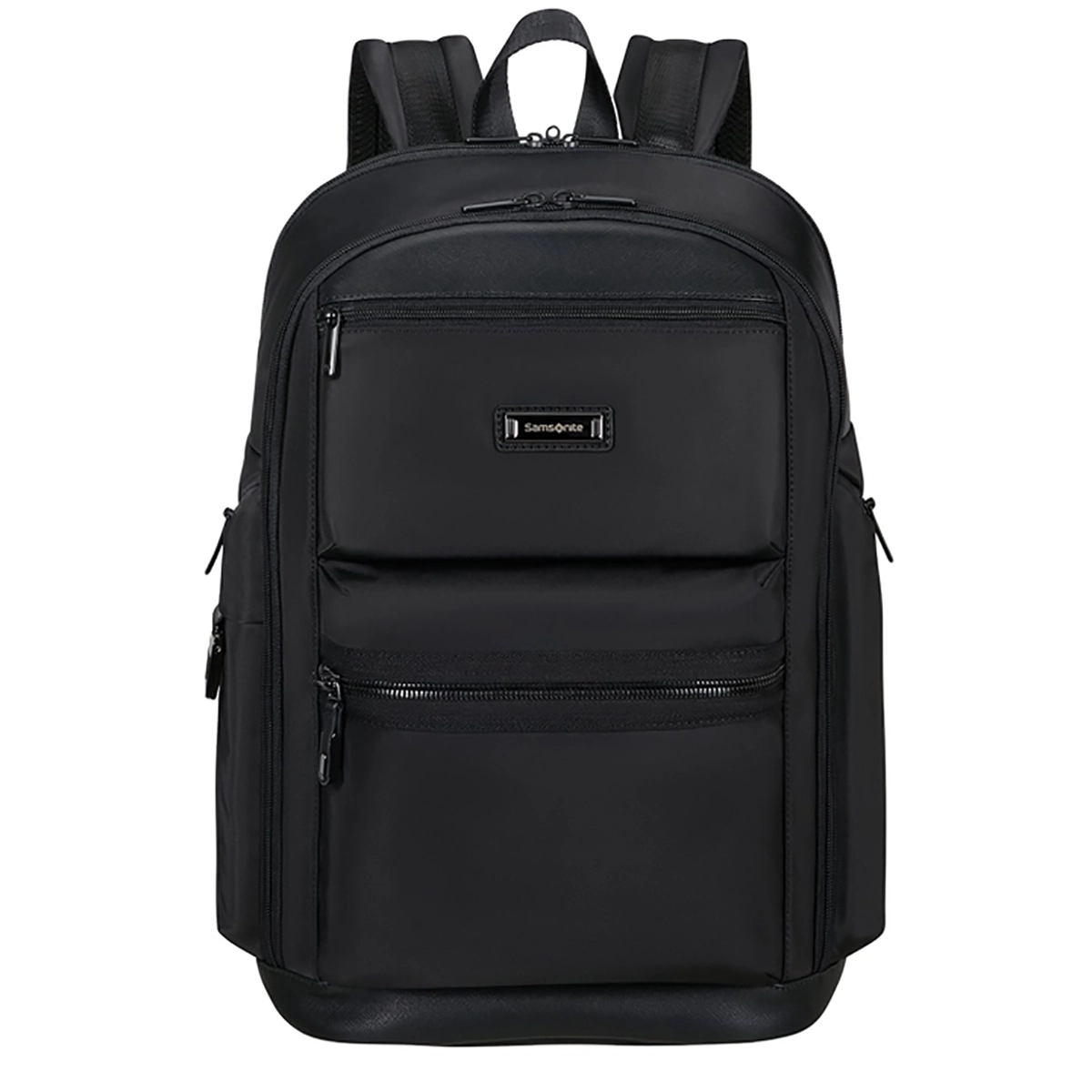 Ein schwarzer Samsonite Relyon M 15.6" Laptop-Rucksack von Samsonite, abgebildet von vorne mit mehreren Reißverschlussfächern. Ideal als nachhaltiger Rucksack und perfekt für Laptops bis zu 15,6 Zoll.