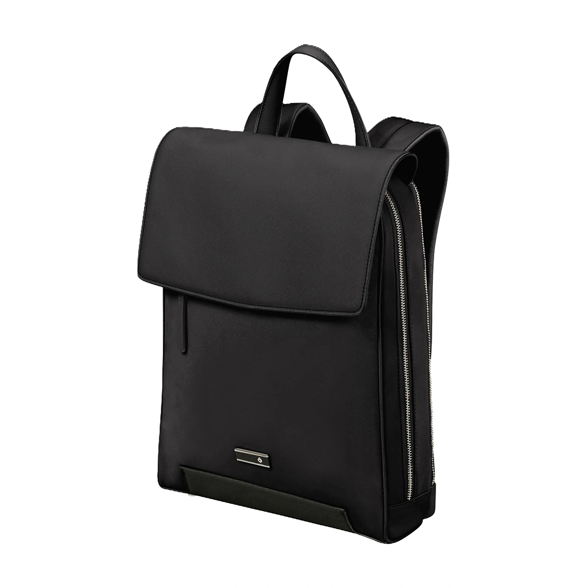 Der Samsonite Zalia 3.0 Rucksack in Schwarz verfügt über einen eleganten Klappenverschluss, seitliche Reißverschlüsse und eine kleine Logoplatte aus Metall - ein stilvoller Business-Rucksack mit Laptopfach für moderne Profis von Samsonite.