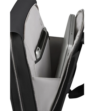 Öffnen Sie den Samsonite Zalia 3.0 Rucksack - schwarz mit separaten, gepolsterten Fächern für Laptop und Tablet, abgebildet vor einem weißen Hintergrund.