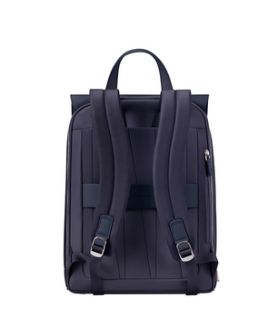 Der dunkelblaue Samsonite Zalia 3.0 Rucksack ist von hinten auf einem schlichten weißen Hintergrund zu sehen. Er verfügt über gepolsterte, verstellbare Schultergurte, einen oberen Griff, ein seitliches Reißverschlussfach und ein spezielles Laptopfach.