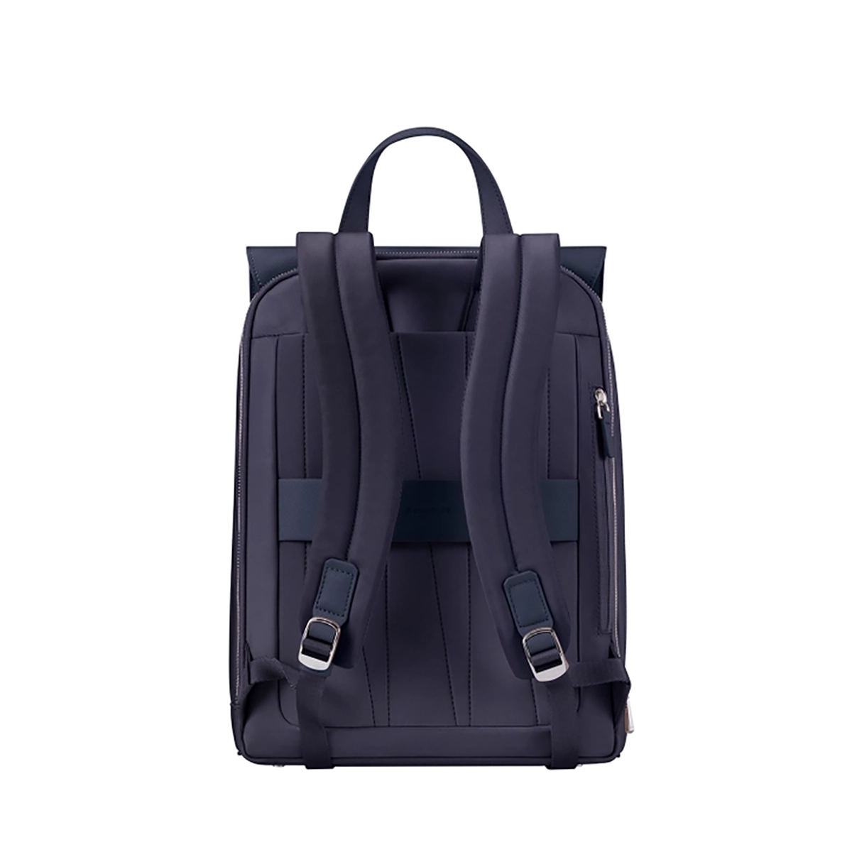 Der dunkelblaue Samsonite Zalia 3.0 Rucksack ist von hinten auf einem schlichten weißen Hintergrund zu sehen. Er verfügt über gepolsterte, verstellbare Schultergurte, einen oberen Griff, ein seitliches Reißverschlussfach und ein spezielles Laptopfach.