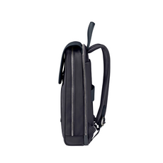 Seitenansicht des Samsonite Zalia 3.0 Rucksacks in Dunkelblau mit silbernen Reißverschlüssen, gepolsterten Schultergurten, oberem Griff und einem speziellen Laptop-Fach, dargestellt vor einem schlichten weißen Hintergrund.