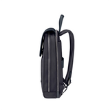 Seitenansicht des Samsonite Zalia 3.0 Rucksacks in Dunkelblau mit silbernen Reißverschlüssen, gepolsterten Schultergurten, oberem Griff und einem speziellen Laptop-Fach, dargestellt vor einem schlichten weißen Hintergrund.